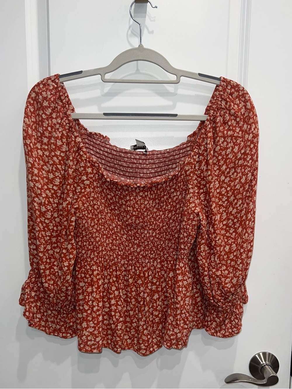 America Eagle Women's Orange Floral Smocked Square Neck Boho Blouse Size Large